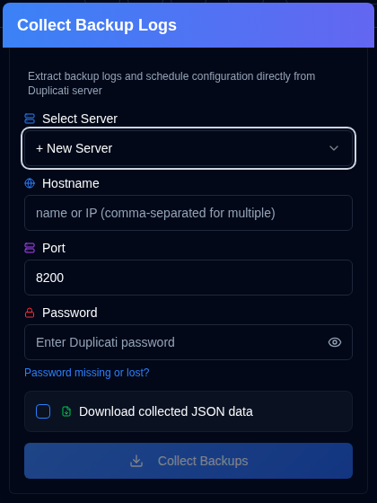 Collect Backup Logs Popup