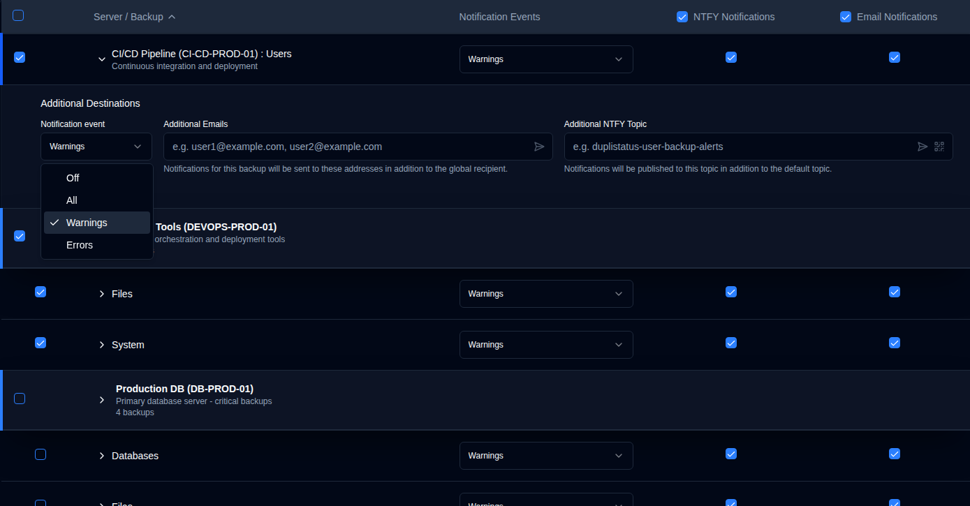 Server-level additional destinations