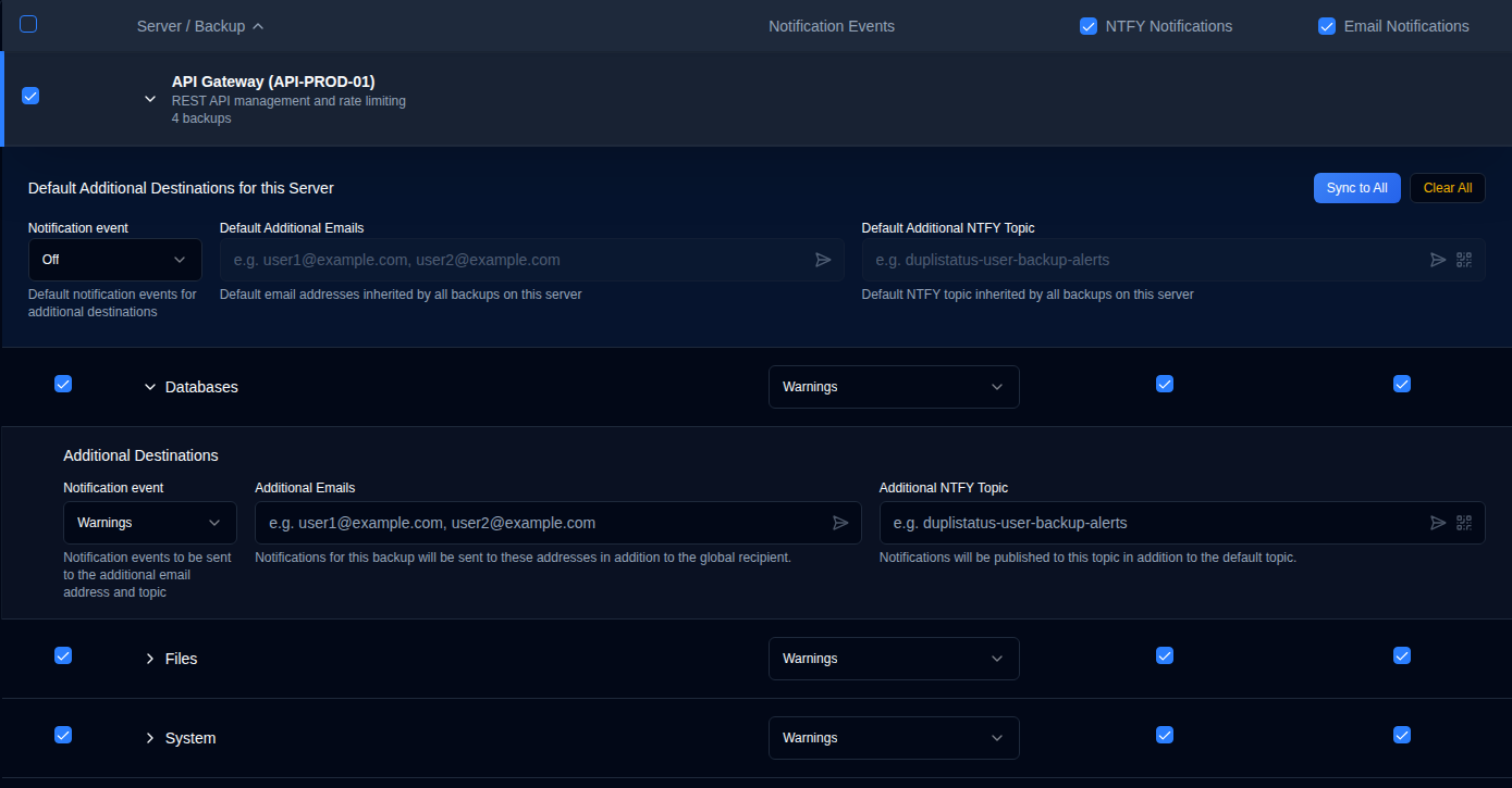 Server-level additional destinations