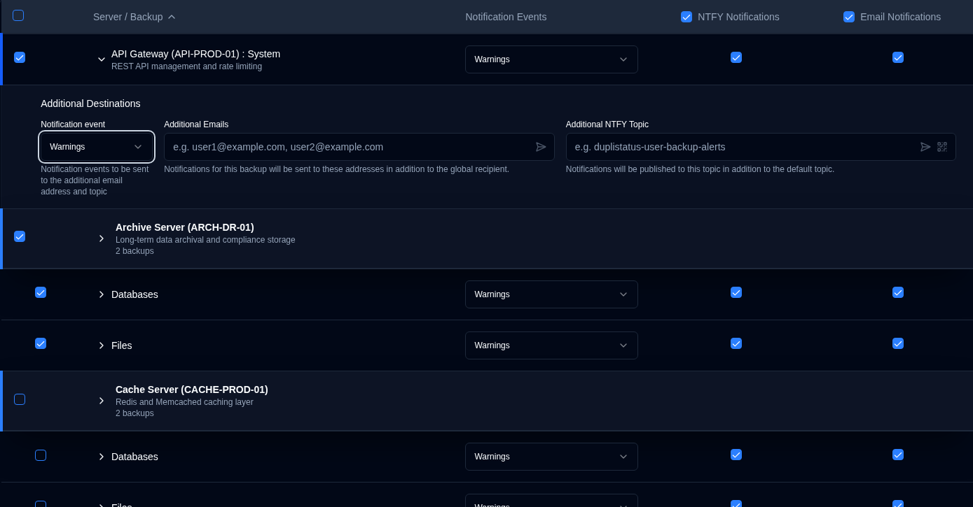 Server-level additional destinations
