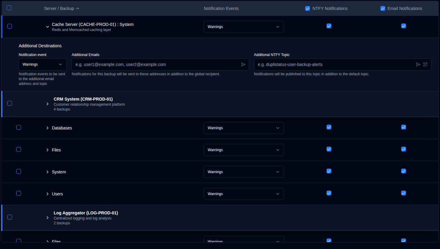 Server-level additional destinations