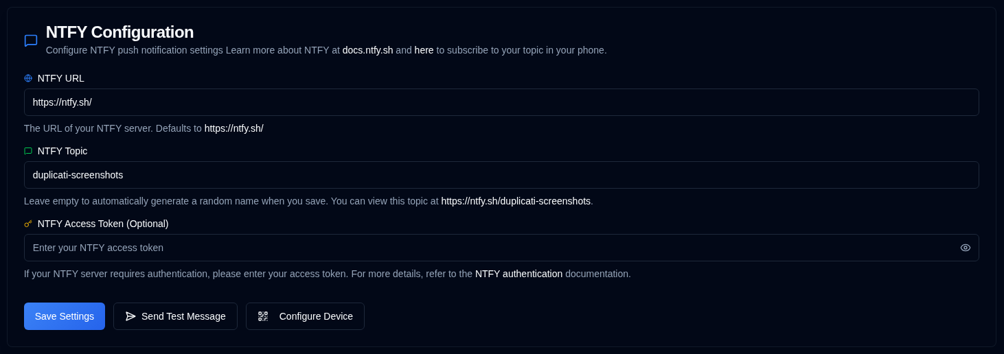Ntfy settings