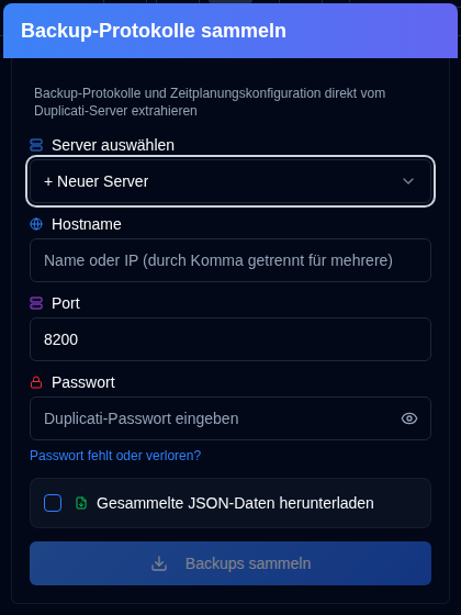 Popup für Backup-Protokolle sammeln
