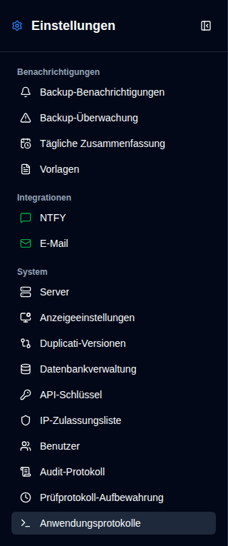 Einstellungen Seitenleiste - Admin-Ansicht