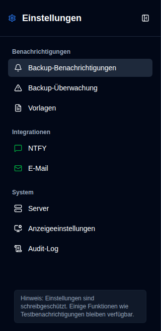 Einstellungsseitenleiste – Ansicht für Nicht-Administratoren