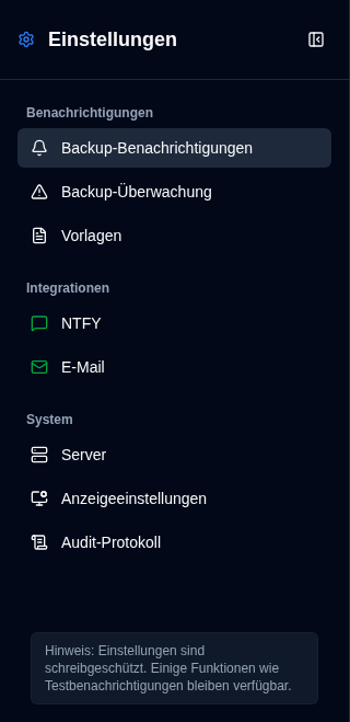 Einstellungsseitenleiste - Nicht-Admin-Ansicht