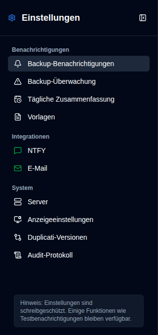 Einstellungen Seitenleiste - Nicht-Admin-Ansicht