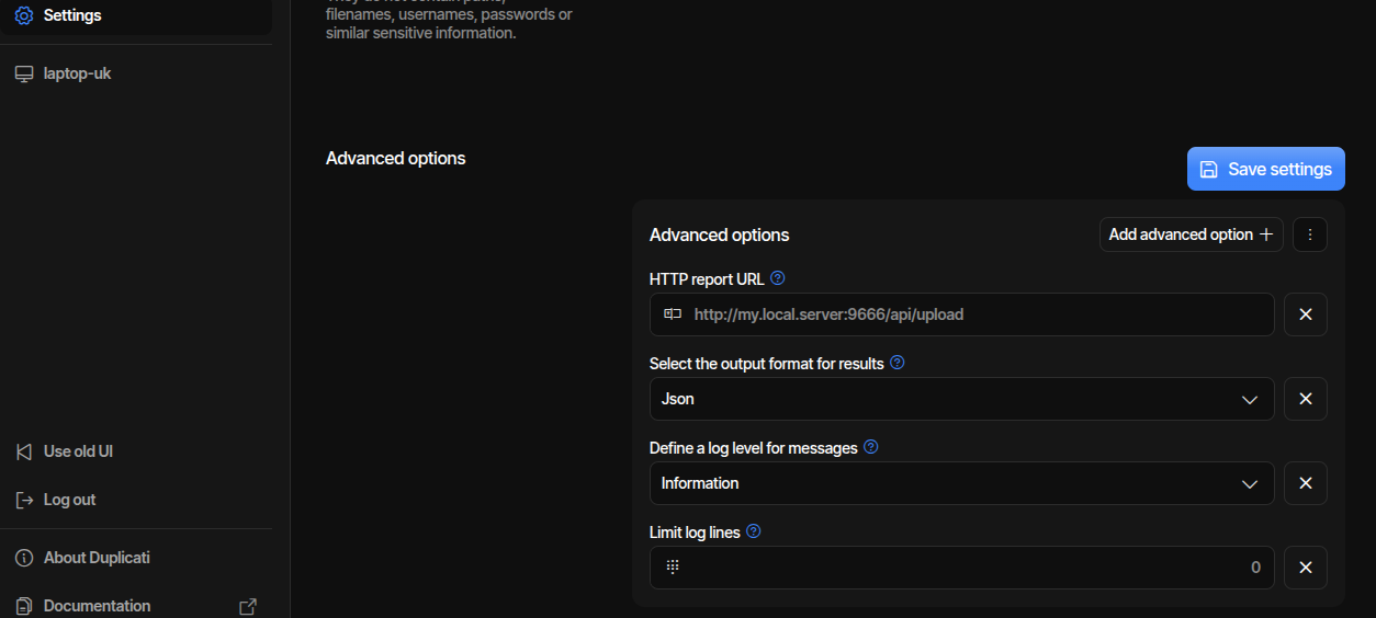Duplicati configuration