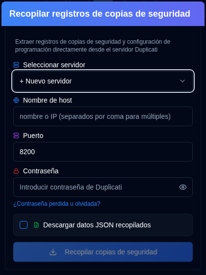 Ventana Emergente de Recopilación de Registros de Copias de Seguridad