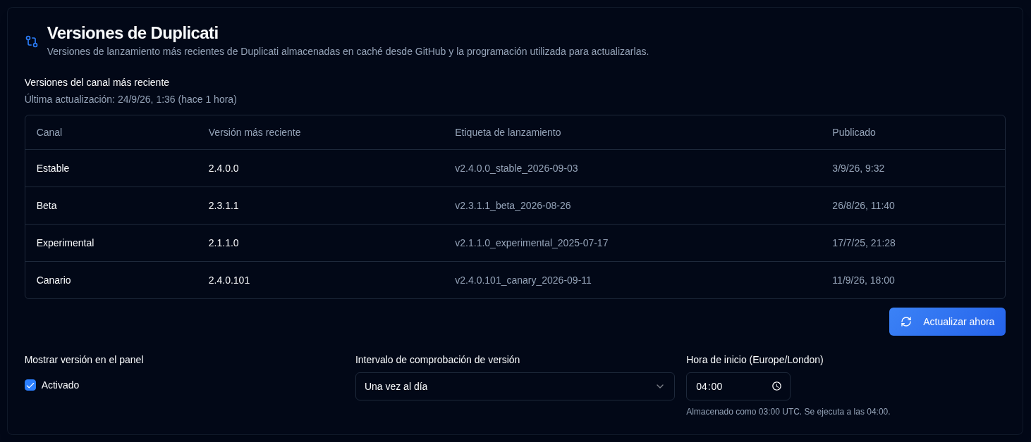 Versiones de Duplicati