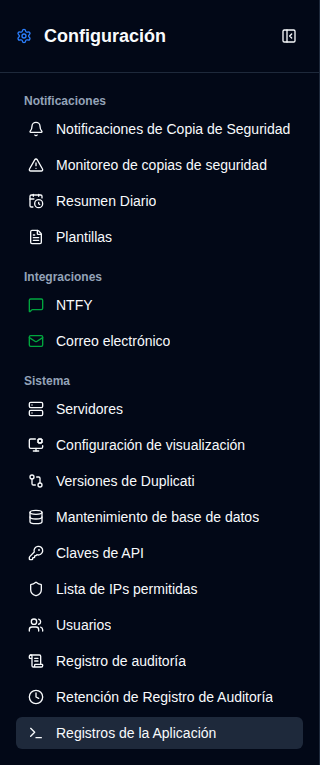 Barra lateral de configuración - Vista de administrador