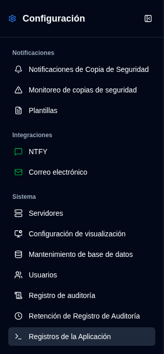 Barra lateral de Configuración - Vista de Administrador