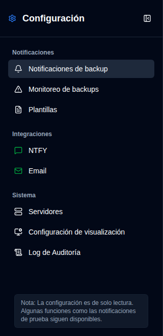 Barra lateral de Configuración - Vista de usuario no admin