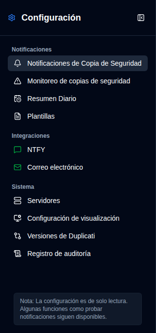 Barra lateral de Configuración - Vista de usuario no administrador