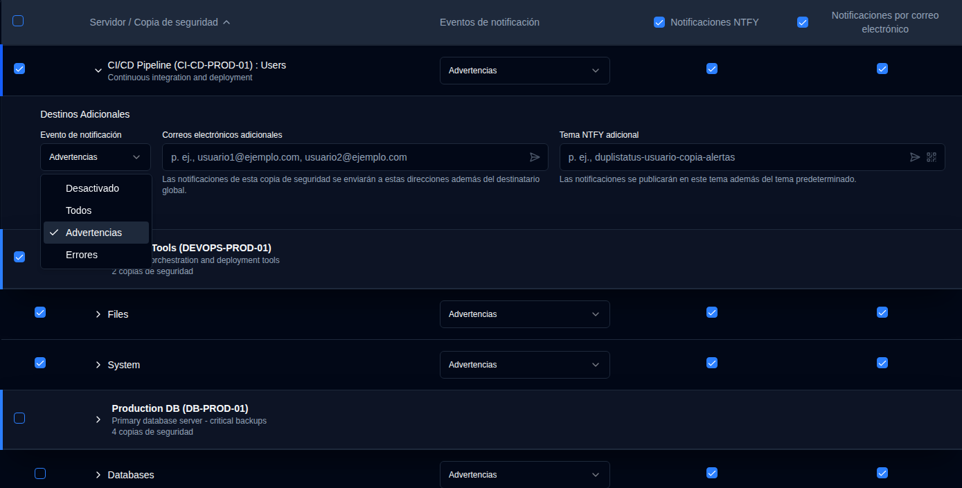 Destinos adicionales a nivel de servidor