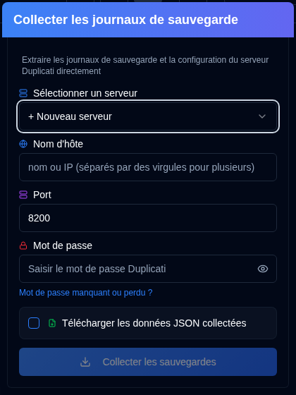 Popup de collecte des journaux de sauvegarde
