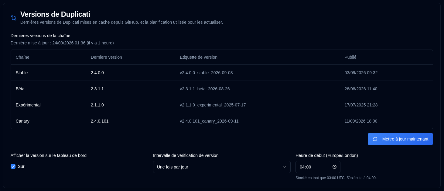 Versions de Duplicati