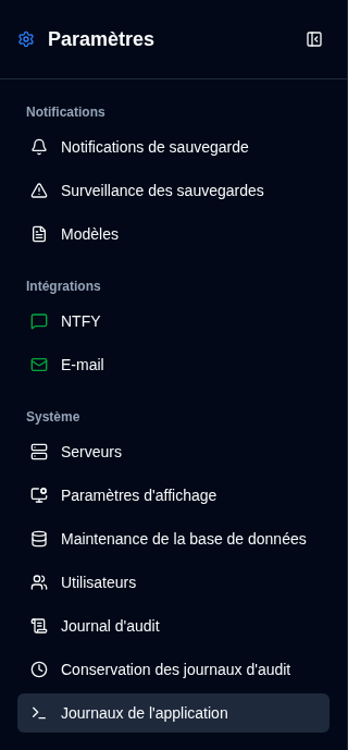 Barre latérale des paramètres - Vue Admin