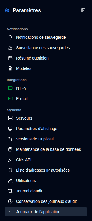 Barre latérale des paramètres - Vue Admin