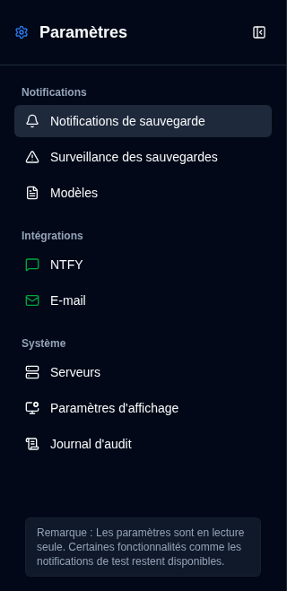 Barre latérale des paramètres - Vue Non-Admin