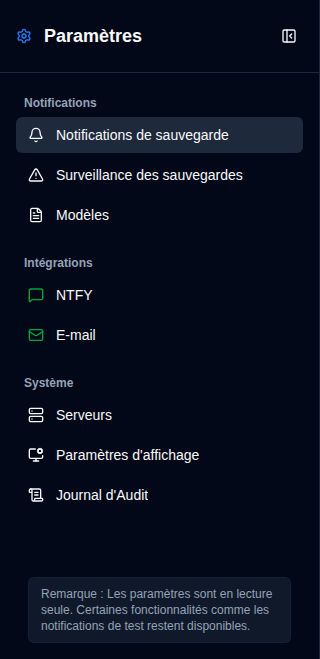 Barre latérale Paramètres - Vue Non-Admin