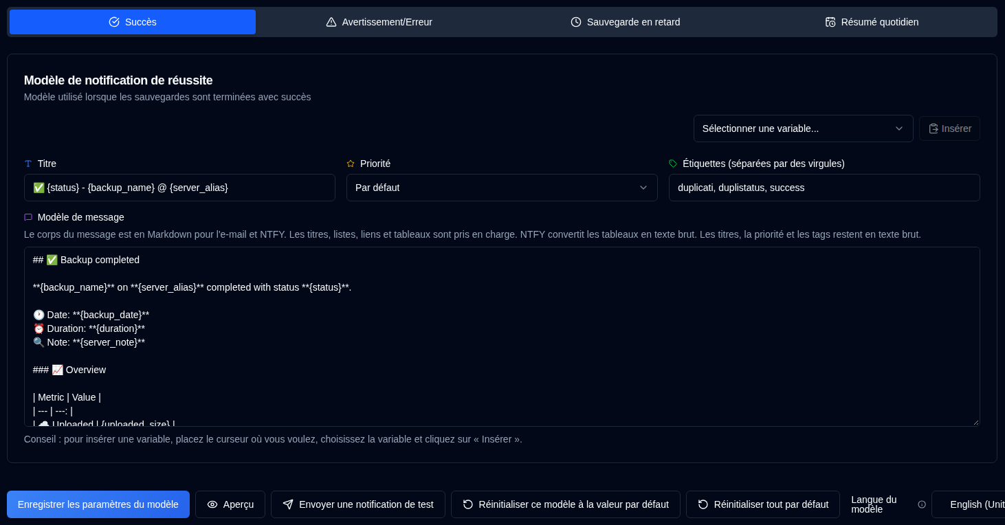 modèles de notification