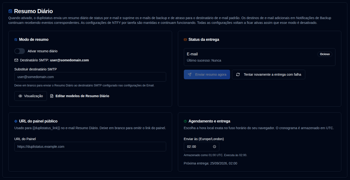 Configurações do Resumo Diário
