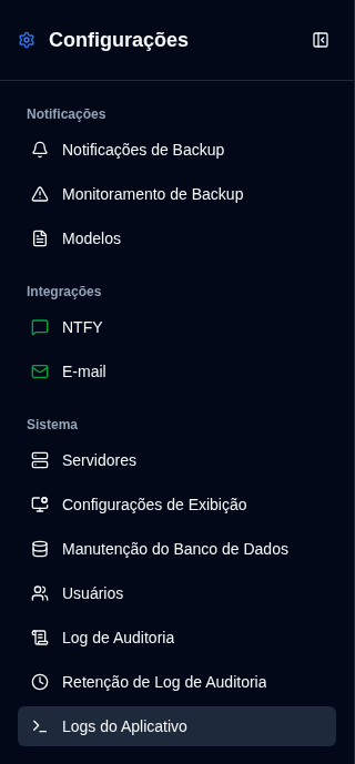 Barra Lateral de Configurações - Visão do Administrador
