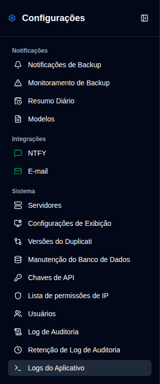 Barra Lateral de Configurações - Visualização do Administrador