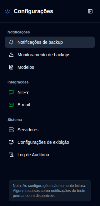 Barra lateral de Configurações - Visualização de não-Admin