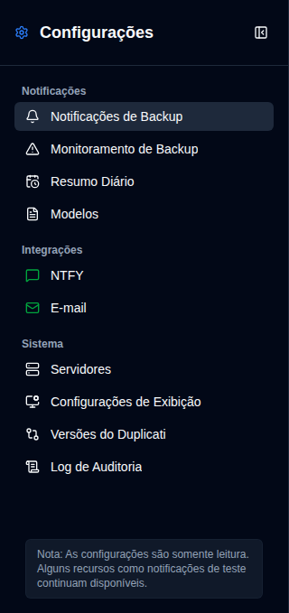 Barra Lateral de Configurações - Visualização Não-Administrativa