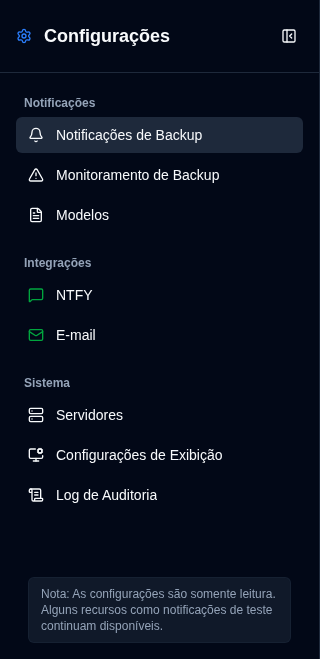 Barra Lateral de Configurações - Visão Não Administrativa