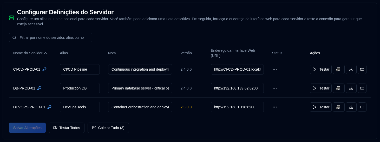 configurações do servidor