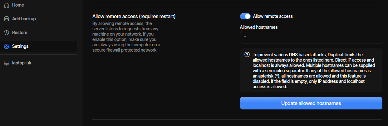 Duplicati settings