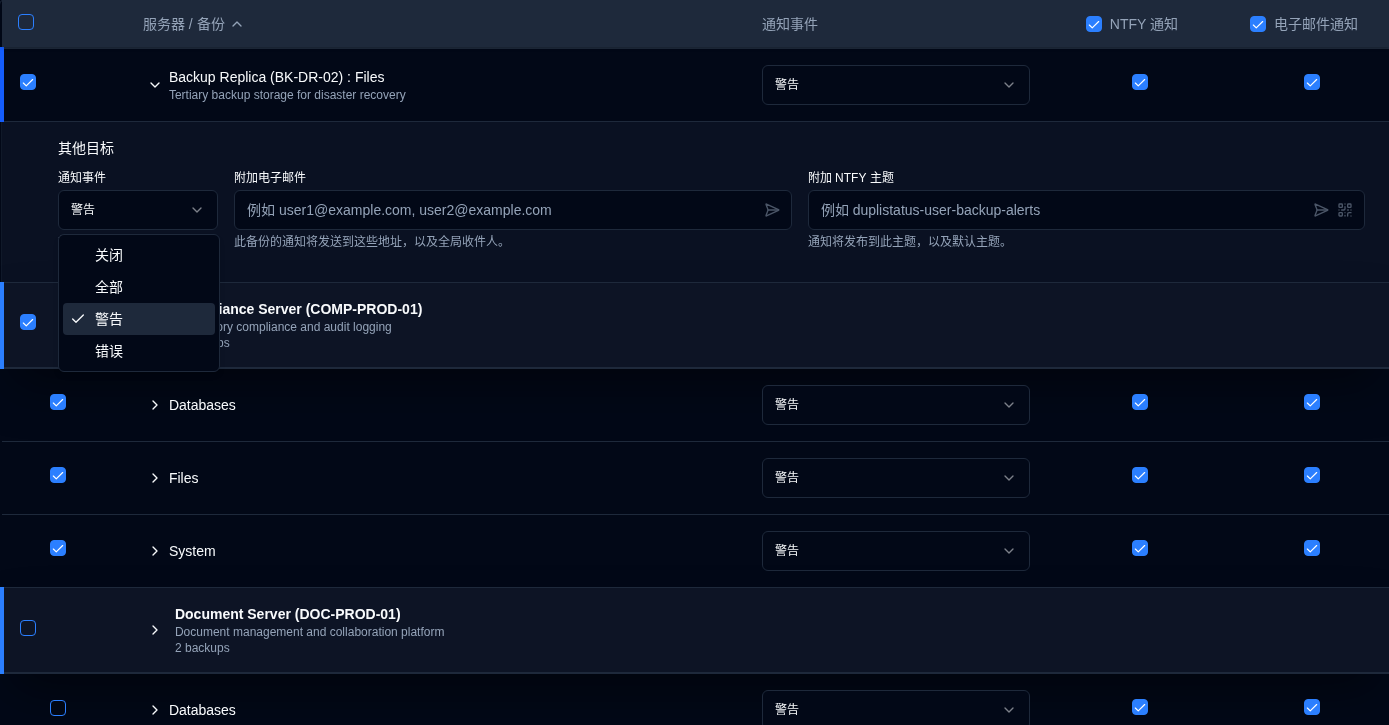 Server-level additional destinations