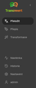 Postranní panel navigace Transrewrt zobrazující Přeložit, Přepsat, Transformovat, Historie, Přehled a Nastavení