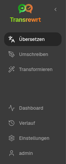 Transrewrt-Seitenleistennavigation mit Übersetzen, Umschreiben, Transformieren, Verlauf, Dashboard und Einstellungen