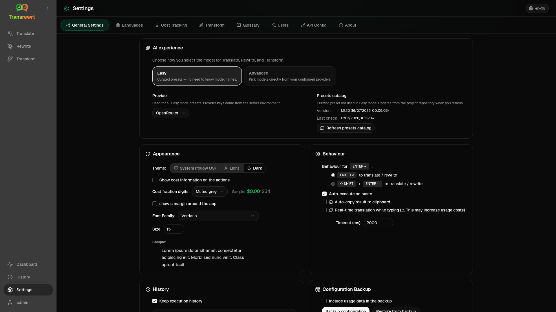 Settings General Settings tab