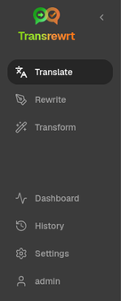 Transrewrt sidebar navigation showing Translate, Rewrite, Transform, History, Dashboard, and Settings