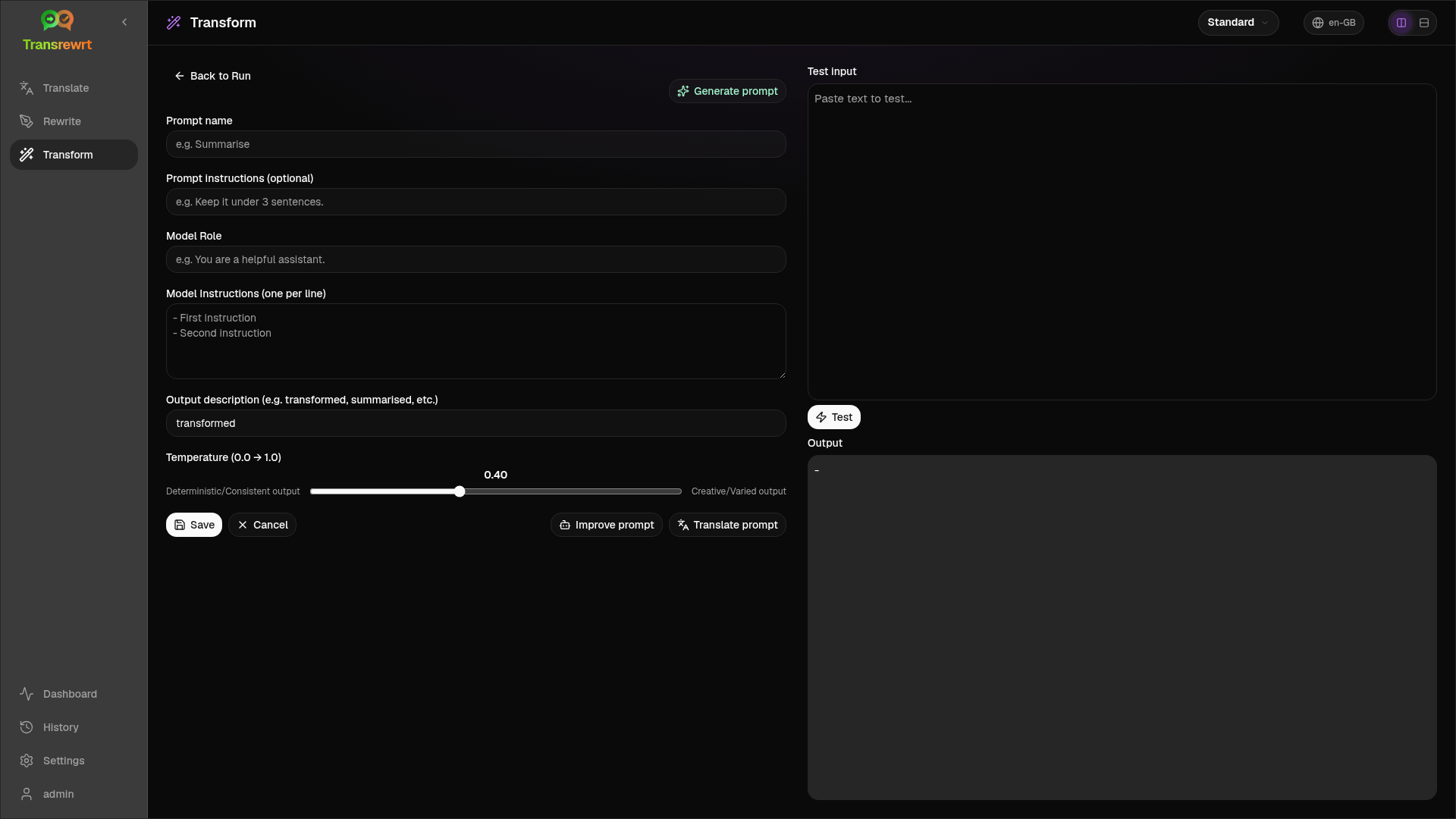 Transform prompt editor
