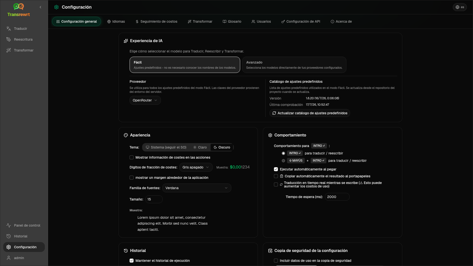 Pestaña Configuración general
