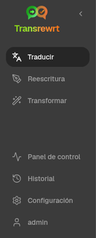 Navegación lateral de Transrewrt con Traducir, Reescribir, Transformar, Historial, Panel y Ajustes