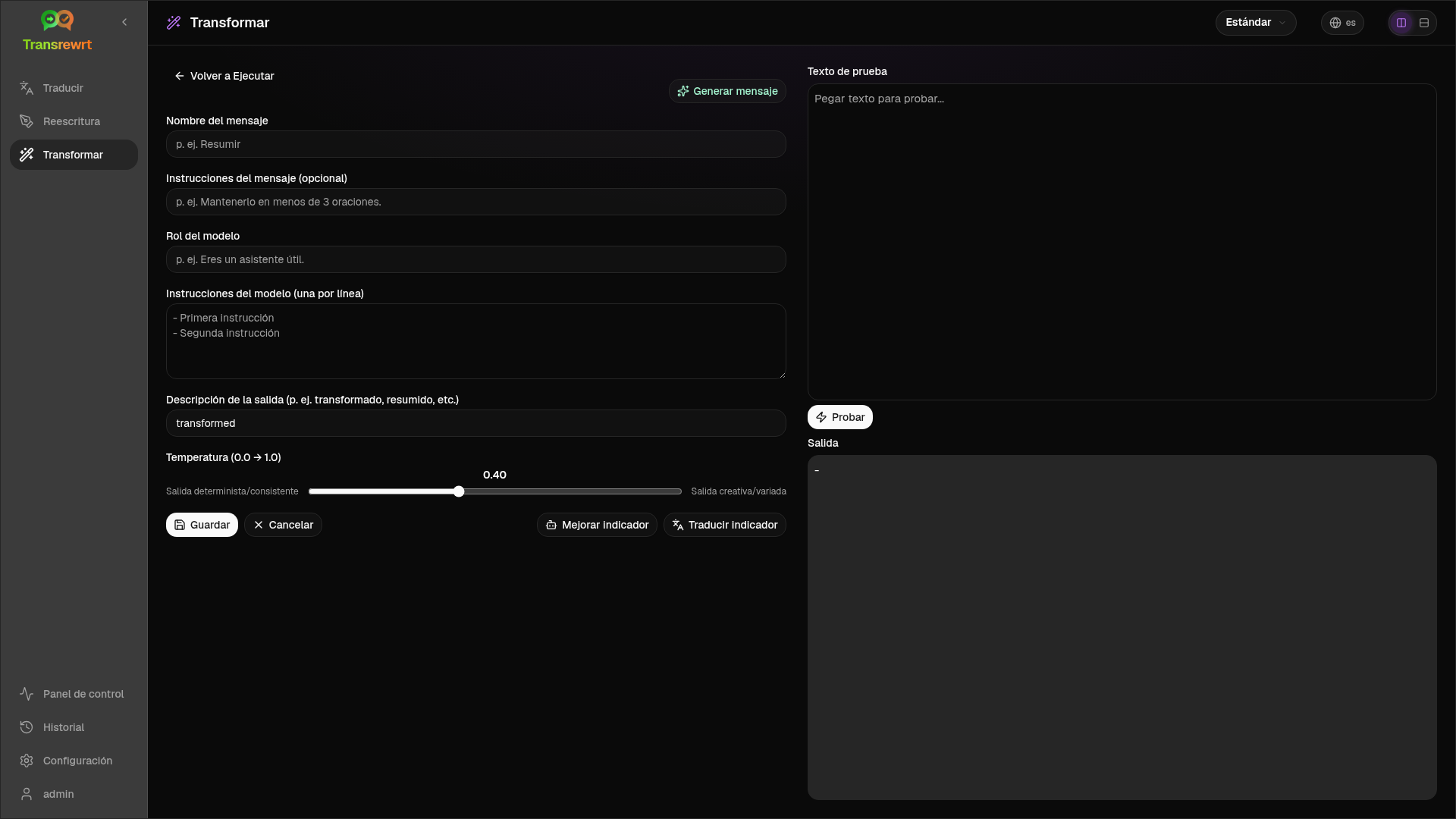 Editor de prompts de Transform