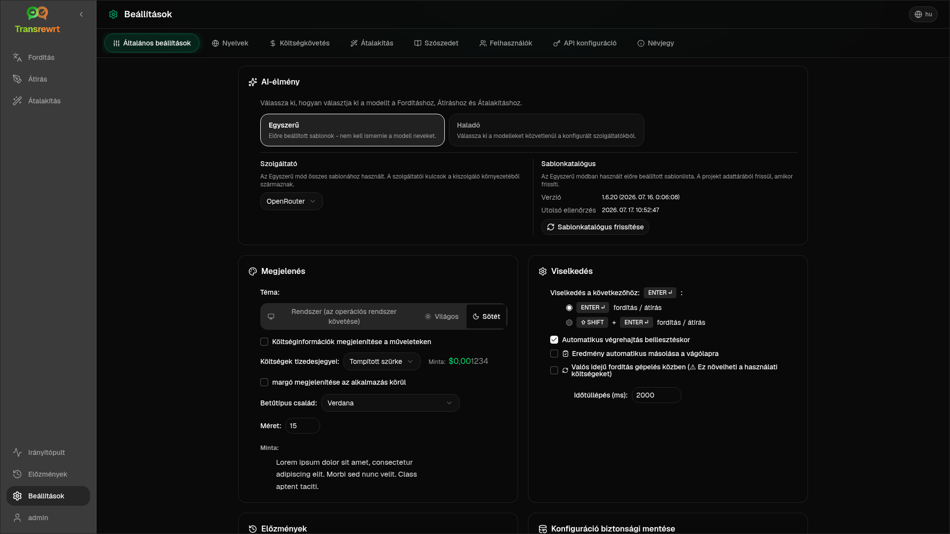 Beállítások Általános beállítások lap