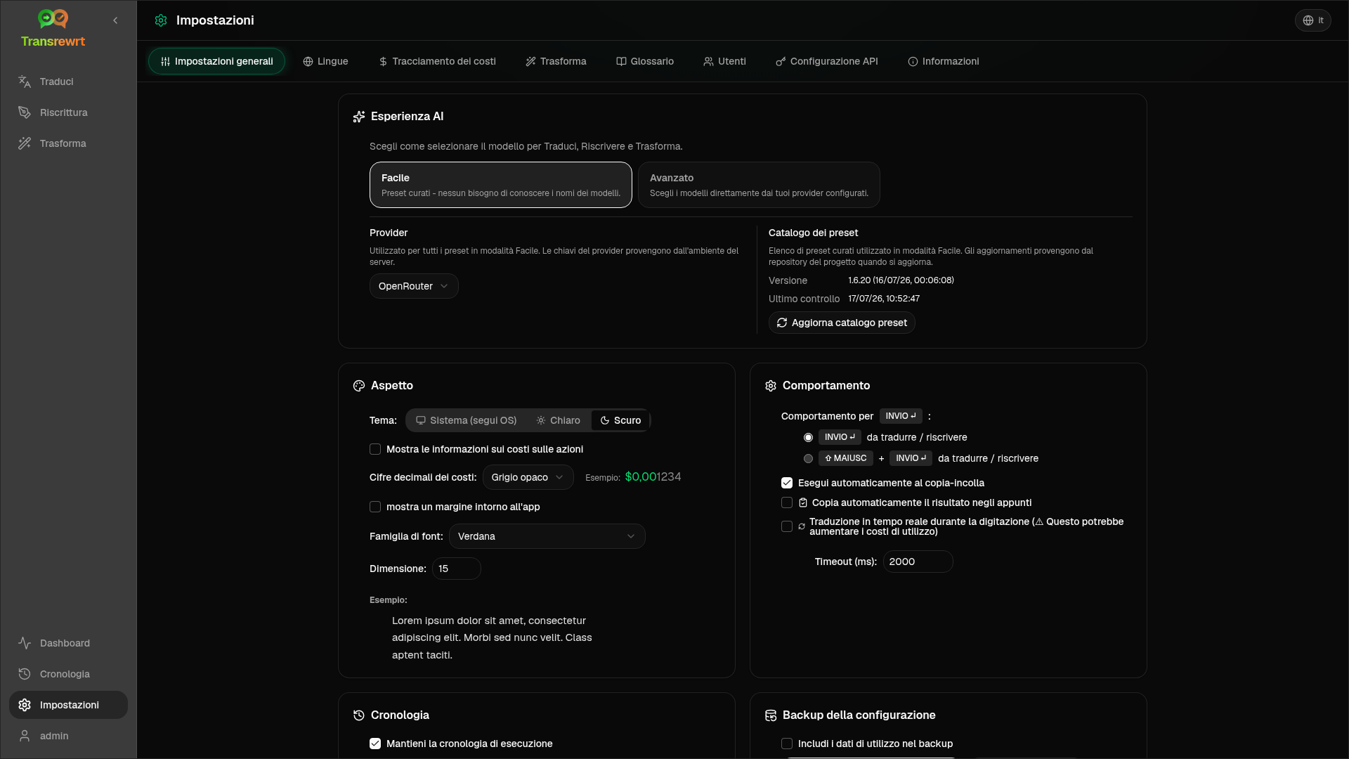 Schermata delle impostazioni di Transrewrt con preferenze generali, opzioni di carattere e area di lavoro