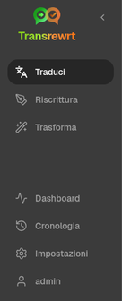 Barra di navigazione laterale di Transrewrt con Traduci, Riscrivi, Trasforma, Cronologia, Dashboard e Impostazioni