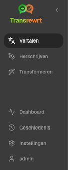 Transrewrt zijbalknavigatie met Vertalen, Herschrijven, Transformeren, Geschiedenis, Dashboard en Instellingen