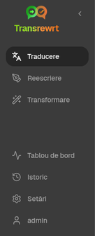 Navigare bară laterală Transrewrt afișând Traducere, Reformulare, Transformare, Istoric, Panou de control și Setări