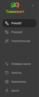 Bočný panel navigácie Transrewrt zobrazujúci Preklad, Prepísanie, Transformáciu, História, Prehľad a Nastavenia