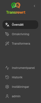 Transrewrt sidofältsnavigering som visar Översätt, Skriv om, Omvandla, Historik, Översikt och Inställningar